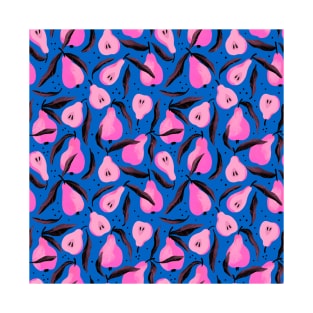 Pink pears with leaves on royal blue pattern T-Shirt