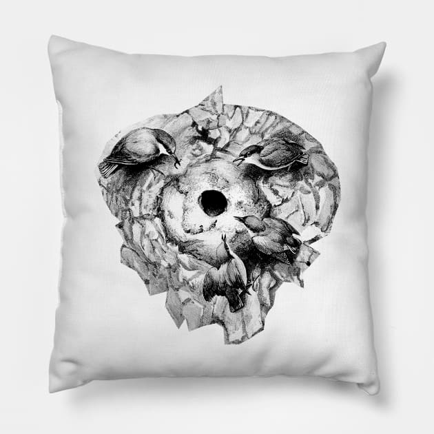 Birds together around the nest Pillow by Marccelus