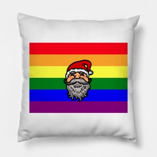 Drawing of Santa Claus face on gay pride flag background to celebrate Christmas Pillow