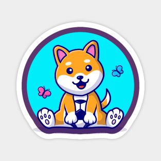 Cute Dog Shiba Inu With Soccer Ball And Butterfly Cartoon Vector Icon Illustration Magnet