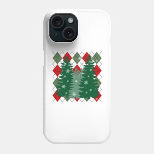 Christmas Gifts, Winter Red & Green Diagonal Plaid Print with Pine Trees and Snowflakes Graphic Design, Bedding, Apparel and other gifts Phone Case