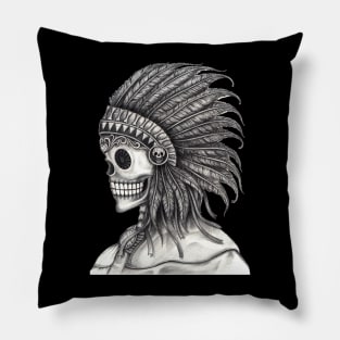 Skull indian hand  drawing. Pillow