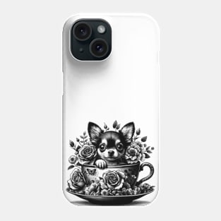 chihuahua peeking dog out from a teacup, surrounded by delicate flowers Phone Case