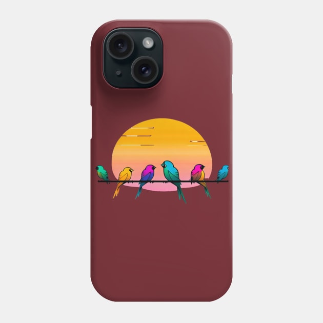 A design featuring a group of colorful birds perched on a wire, with a sunset or sunrise in the background. Phone Case by maricetak