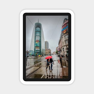 Couple with Umbrella Crossing Road in Manchester in Rain Magnet