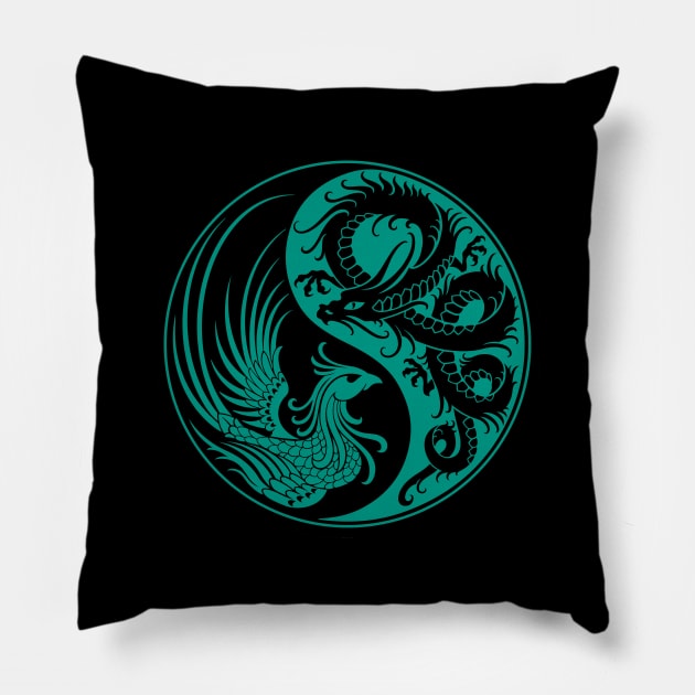 Teal Blue and Black Dragon Phoenix Yin Yang Pillow by jeffbartels