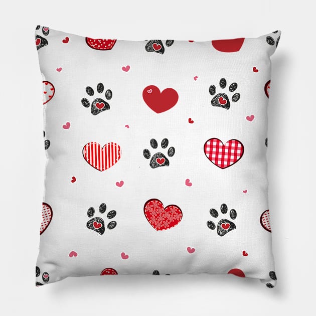 Black doodle paw print with retro beautiful hearts Pillow by GULSENGUNEL