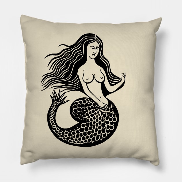 Woodcut Mermaid Pillow by n23tees