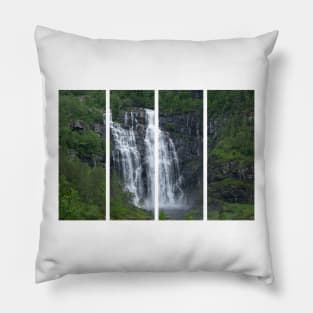 Wonderful landscapes in Norway. Hordaland. Beautiful scenery of Skjervsfossen waterfall from the Storelvi river on the Hardanger scenic route. Mountains, trees in background. Rainy day Pillow