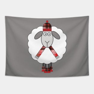 Cosy Winter Sheep With Red, Black and White Tartan Hat, Scarf and Boots Tapestry