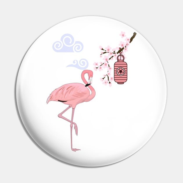 Japanese Cherry Blossom Festival Cute Flamingo Pin by TammyWinandArt