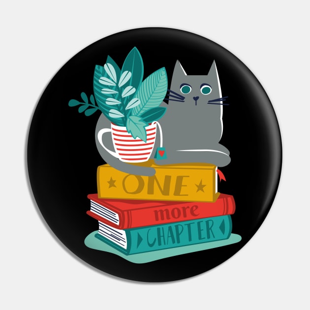 One more chapter // spot // black background grey cat striped mug with plants orange teal and yellow books with quote Pin by SelmaCardoso