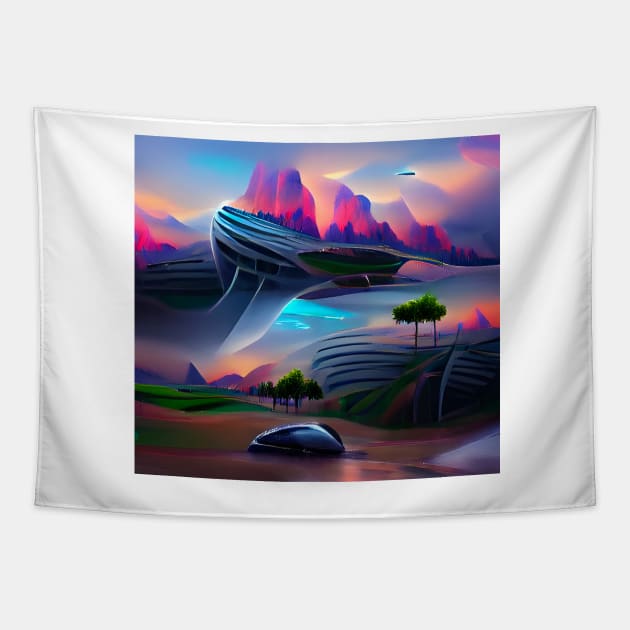 Futuristic Mountain Landscape Tapestry by Mihadom