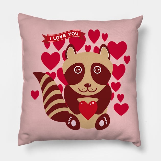 Cute raccoon with red heart Pillow by EkaterinaP