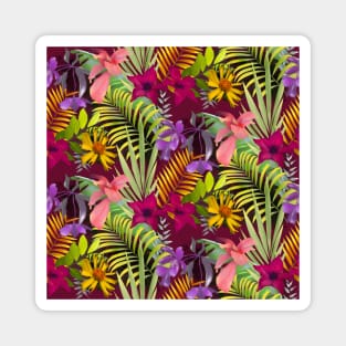 Elegant tropical flowers and leaves pattern floral illustration, red tropical pattern over a Magnet