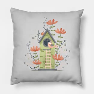 Green bird house and flowers Pillow