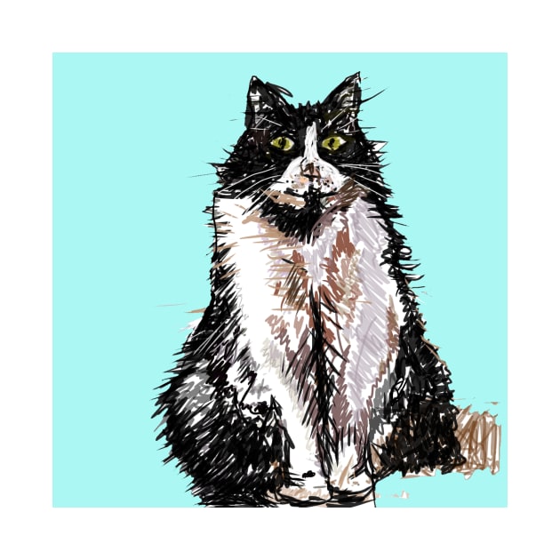 Tuxedo Cat Cute Drawing - on Turquoise by SarahRajkotwala