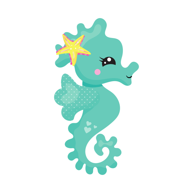 Cute Seahorse, Green Seahorse, Starfish, Hearts by Jelena Dunčević