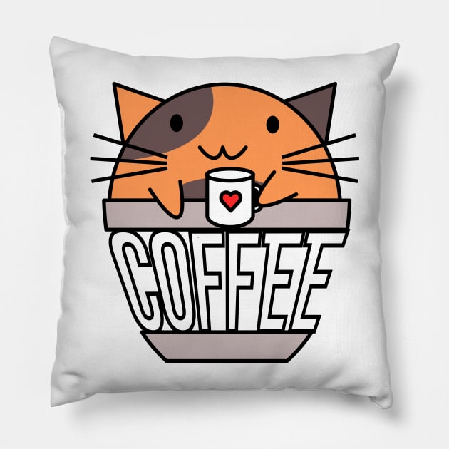 Cat in coffee cup with warped text holding coffee cup with heart orange and brown Pillow by coffeewithkitty