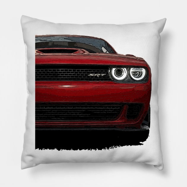 Fiery Essence: Red Dodge Challenger Front Body Posterize Car Design for Teen Enthusiasts Pillow by GearHead Threads