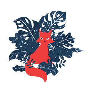 A Red Fox Exploring Amid Blue Leaves T-Shirt