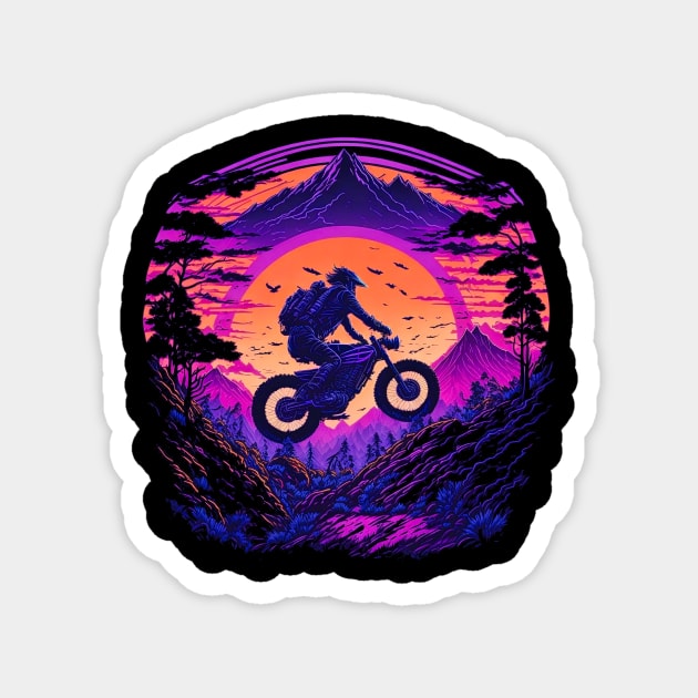 Sunset Rider: Vintage Biker Soaring Through Nature Magnet by Shahba