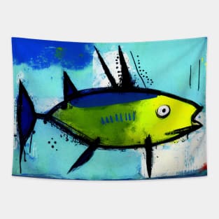 Colorful Tropical Fish Painting in Blue and Yellow Tapestry