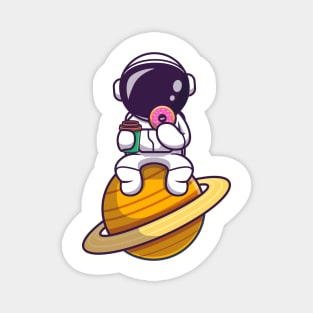 Cute Astronaut Eating Doughnut And Holding Coffee Cup On Planet Cartoon Magnet