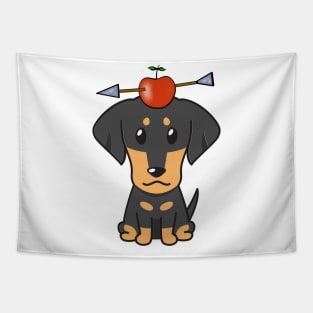 Funny dachshund is playing william tell with an apple and arrow Tapestry