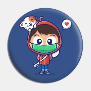 Masked Boy, Guitar And Cat With Love Speech Bubble Cartoon Pin