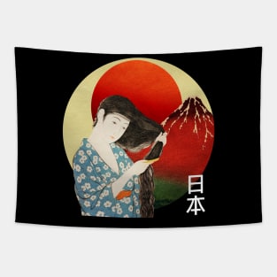 Japanese Woman Combing Hair Mount Fuji Tapestry