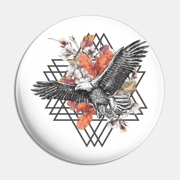 Eagle Artwork, Flowers Triangle Abstract Design for Nature Lovers Pin by Utopia Shop