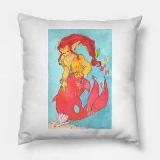 MerMay Red Braided Merman with Pearl Watercolor Pillow