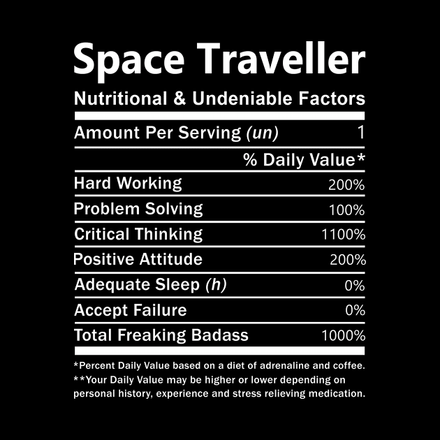 Space Traveller T Shirt - Nutritional and Undeniable Factors Gift Item Tee by Ryalgi