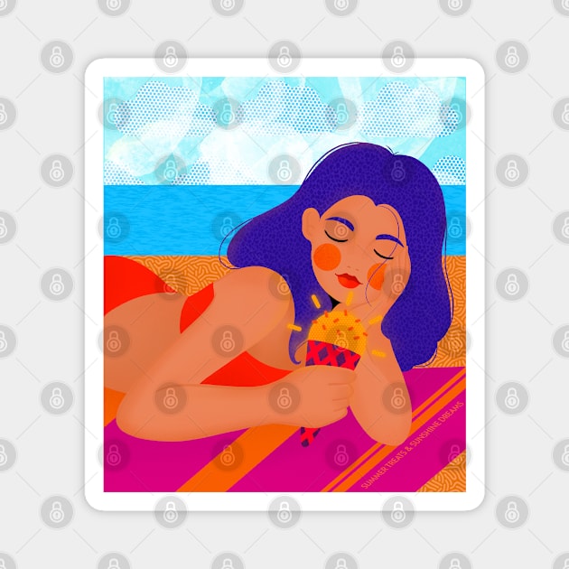 Summer girl at the beach with sunny ice cream, version 1 Magnet by iulistration