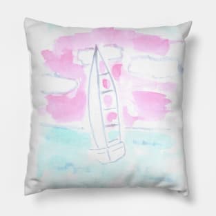 Yacht, ship, sports, ocean, sea, water, vacation, recreation, transportation, travel, watercolor, watercolour, hand drawn, drawing, illustration, Pillow