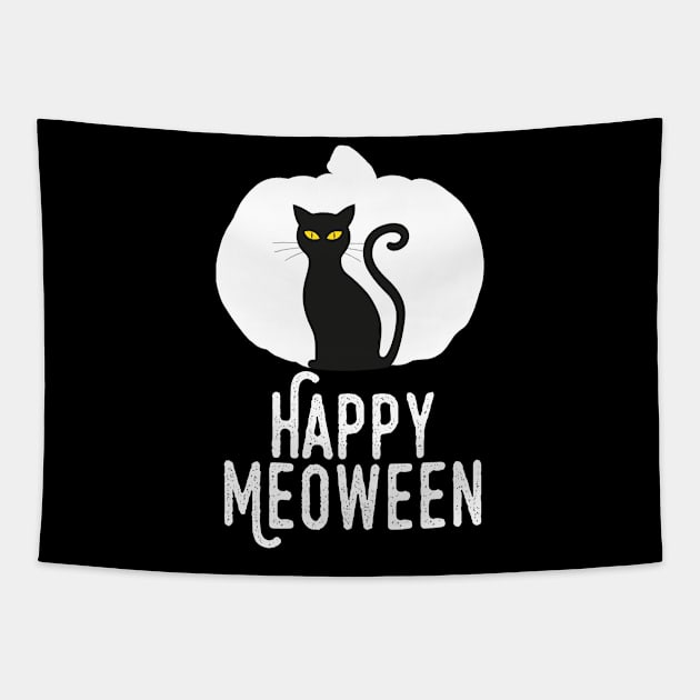 Happy Meoween – Halloween White Pumpkin Cat Silhouette Tapestry by HighBrowDesigns