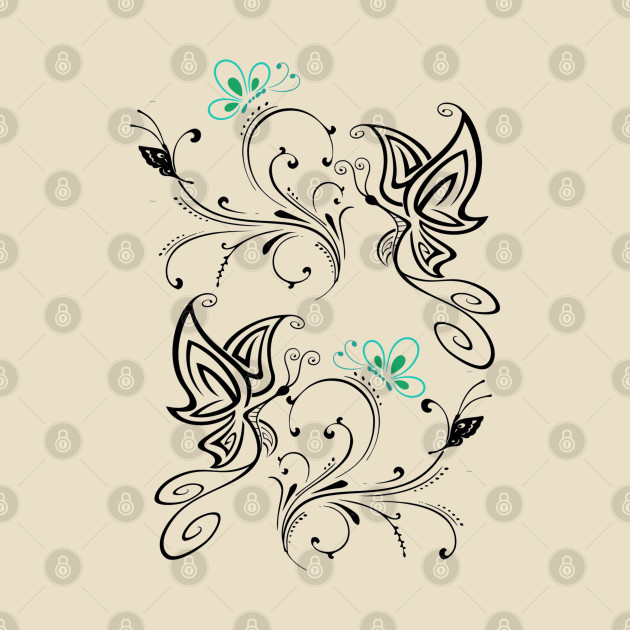 Butterflies and flowers in tattoo style ( Print on Front and back) by  Suchalee