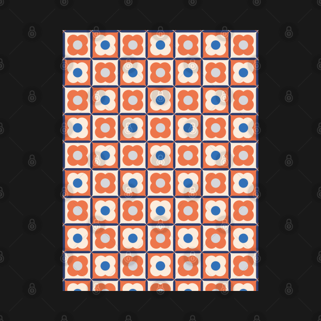 Retro Floral Checker Pattern Apricot Crush, Blue by tramasdesign