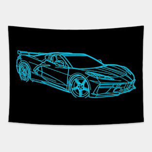 Rapid Blue C8 Racecar 3/4 View Outline Silhouette Outline Blue Supercar Sports car Racing car C8 Corvette Tapestry