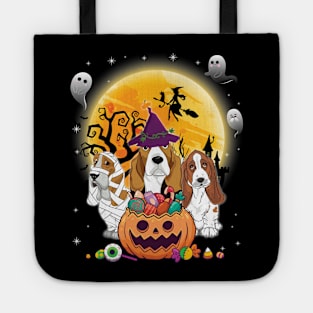 Basset Hound Dog Mummy Witch Moon Ghosts Happy Halloween Thanksgiving Merry Christmas Day Tote