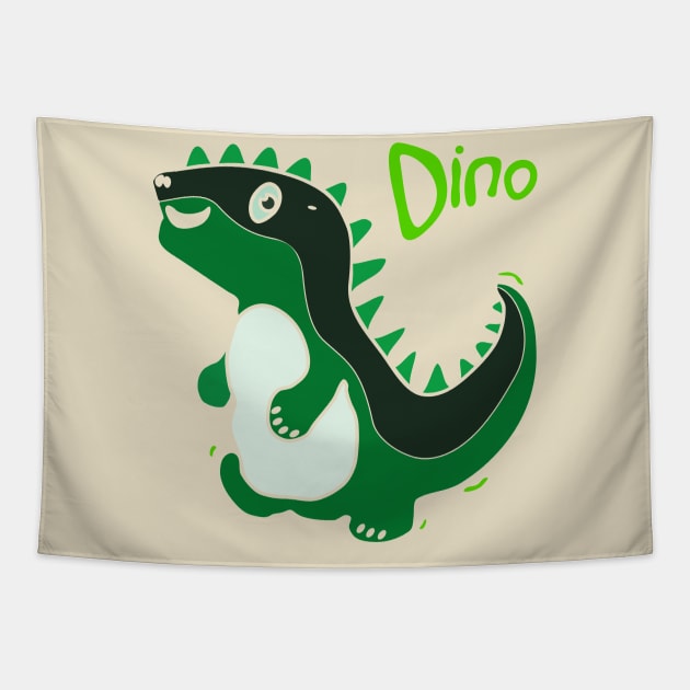 cartoon style illustration of a cute green dinosaurs Tapestry by bloomroge