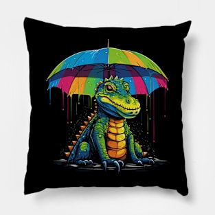 Alligator Rainy Day With Umbrella Pillow