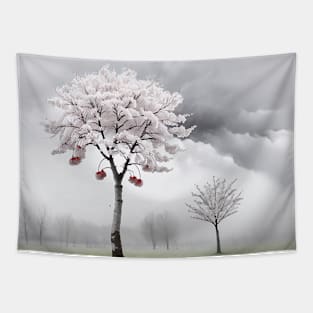 Pink and White Cherry Trees in a Foggy Scene Tapestry