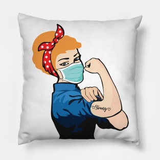 Pin Up Girl Blonde Hair Wearing Mask with Strong Tattoo Pillow