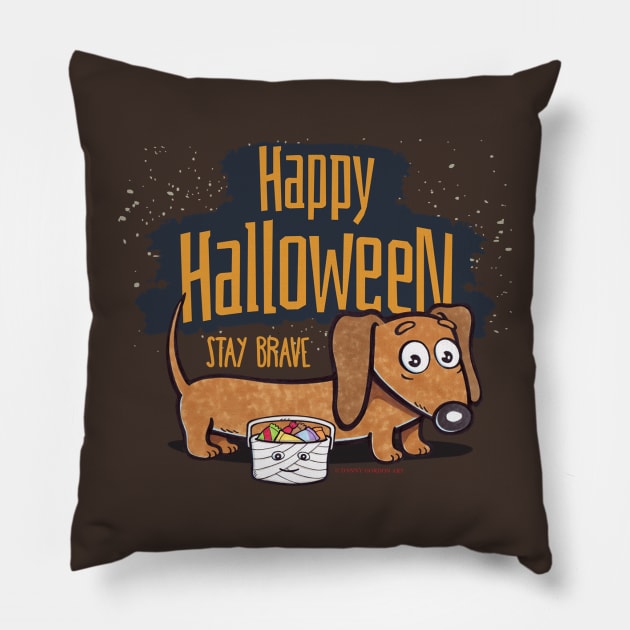 cute Funny Spooky Halloween Doxie Dachshund weenie Dog going out on Halloween for some treats being very brave Pillow by Danny Gordon Art