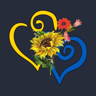 Red and Gold Sunflower Bouquet on Sapphire Blue and Yellow Curvy Heart T-Shirt