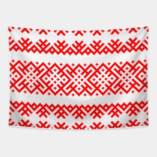 Ethno Slavic Pattern - Bogoroditsa - Symbol Horizontal - Pagan Obereg - Scarlet Red on White Ornament Tapestry