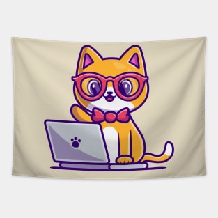 Cute Cat Working On Laptop Cartoon Tapestry