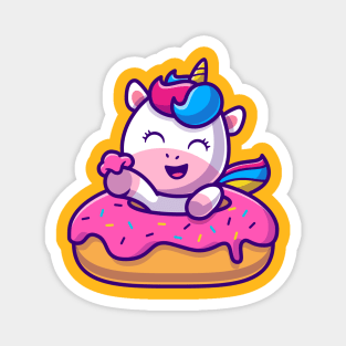 Cute Unicorn Eating Doughnut Cartoon Magnet